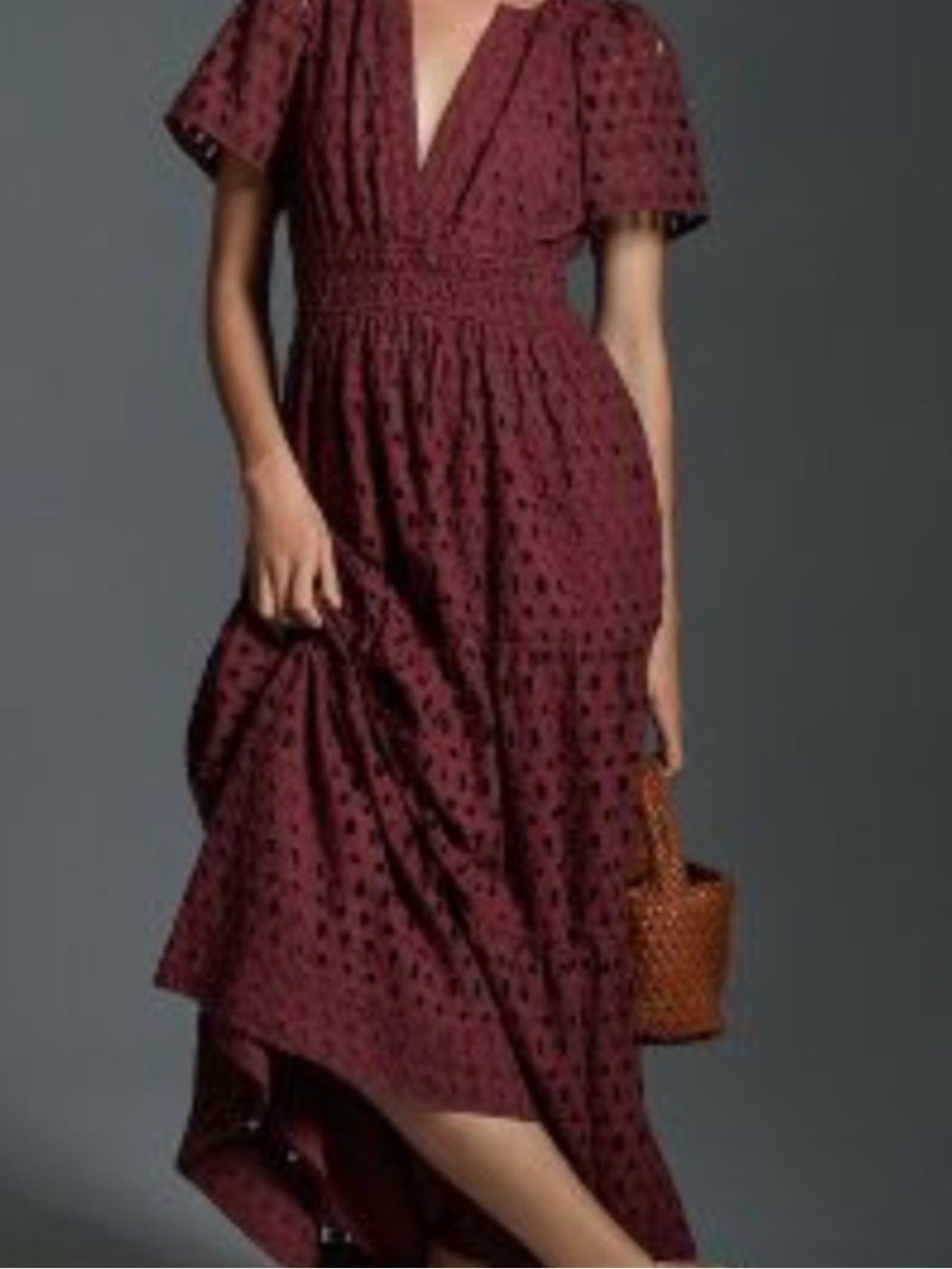 Anthropologie Brown Somerset Eyelet V-Neck Maxi Dress